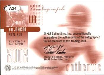 2002 SAGE - Autographs Bronze #A24 Ron Johnson Back