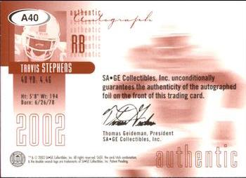 2002 SAGE - Autographs Bronze #A40 Travis Stephens Back