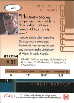 2002 SAGE HIT - Rarefied Emerald #R43 Jeremy Shockey Back
