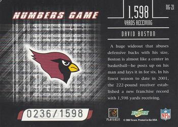 2002 Score - Numbers Game #NG-21 David Boston Back