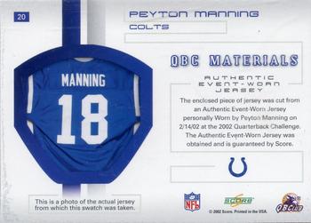 2002 Score - QBC Materials #20 Peyton Manning Back