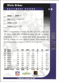 2002 Score - Scorecard #19 Elvis Grbac Back