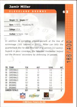 2002 Score - Scorecard #63 Jamir Miller Back