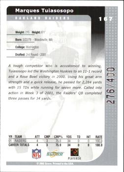 2002 Score - Scorecard #167 Marques Tuiasosopo Back