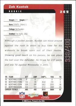 2002 Score - Scorecard #269 Zak Kustok Back