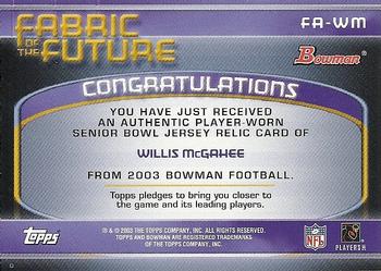 2003 Bowman - Fabric of the Future #FA-WM Willis McGahee Back