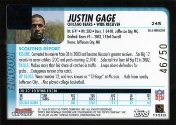 2003 Bowman Chrome - Gold Refractors #245 Justin Gage Back