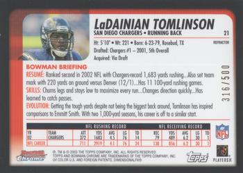 2003 Bowman Chrome - Refractors #21 LaDainian Tomlinson Back