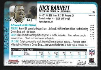 2003 Bowman Chrome - Refractors #159 Nick Barnett Back