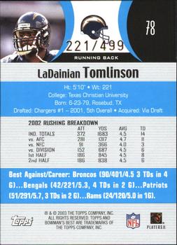 2003 Bowman's Best - Blue #78 LaDainian Tomlinson Back