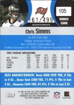 2003 Bowman's Best - Blue #105 Chris Simms Back