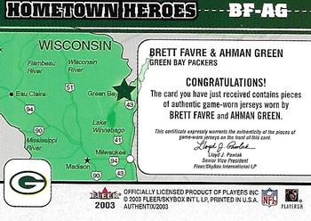 2003 Fleer Authentix - Hometown Heroes Memorabilia #BF-AG Brett Favre / Ahman Green Back