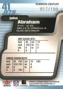 2003 Fleer Focus - Numbers Century #41 John Abraham Back