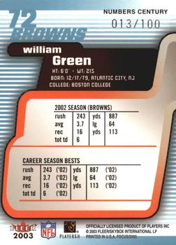 2003 Fleer Focus - Numbers Century #72 William Green Back