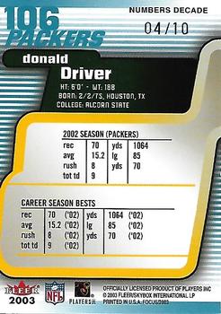 2003 Fleer Focus - Numbers Decade #106 Donald Driver Back