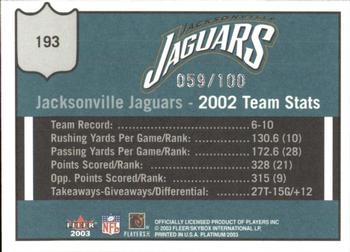 2003 Fleer Platinum - Finish #193 Jacksonville Jaguars Back