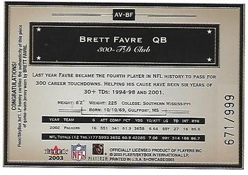 2003 Fleer Showcase - Avant Card Jerseys #AV-BF Brett Favre Back