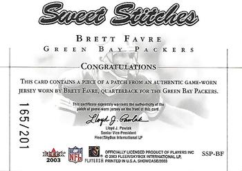 2003 Fleer Showcase - Sweet Stitches Jerseys Patches #SSP-BF Brett Favre Back