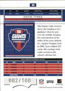 2003 Playoff Honors - X's #134 David Tyree Back