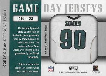 2003 Playoff Prestige - Game Day Jerseys #GDJ-23 Corey Simon Back