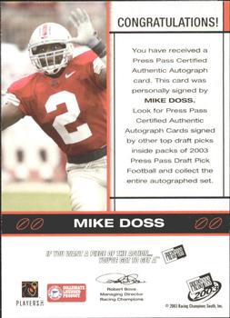 2003 Press Pass - Autographs Bronze #NNO Mike Doss Back