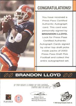 2003 Press Pass - Autographs Bronze #NNO Brandon Lloyd Back