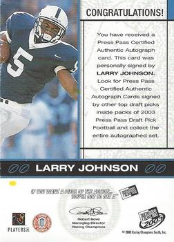 2003 Press Pass - Autographs Silver #NNO Larry Johnson Back