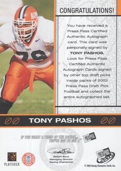 2003 Press Pass - Autographs Silver #NNO Tony Pashos Back