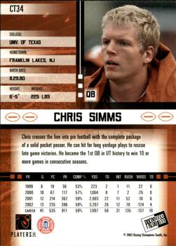 2003 Press Pass JE - Tin #CT34 Chris Simms Back