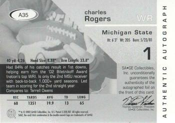 2003 SAGE - Autographs Silver #A35 Charles Rogers Back