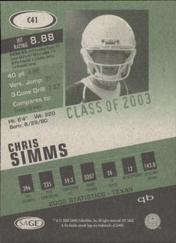 2003 SAGE HIT - Class of 2003 Emerald #C41 Chris Simms Back