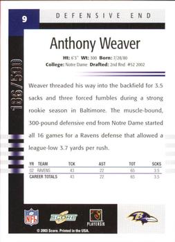2003 Score - Scorecard #9 Anthony Weaver Back