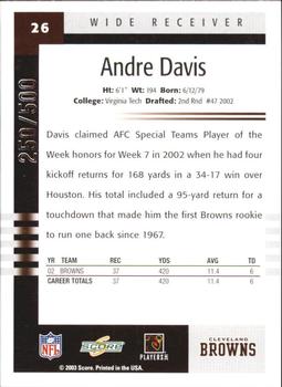 2003 Score - Scorecard #26 Andre Davis Back