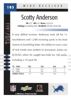 2003 Score - Scorecard #183 Scotty Anderson Back