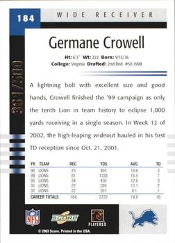 2003 Score - Scorecard #184 Germane Crowell Back