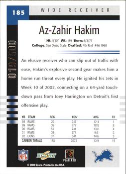 2003 Score - Scorecard #185 Az-Zahir Hakim Back