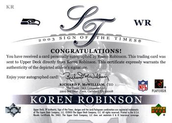 2003 SP Authentic - Sign of the Times #KR Koren Robinson Back