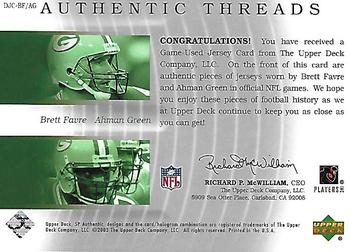 2003 SP Authentic - Authentic Threads Double #DJC-BF/AG Brett Favre / Ahman Green Back