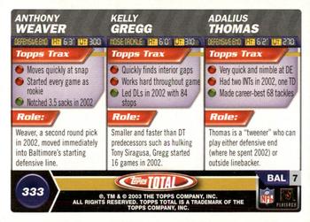2003 Topps Total - Silver #333 Adalius Thomas / Anthony Weaver / Kelly Gregg Back