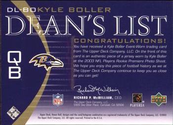 2003 Upper Deck Honor Roll - Dean's List #DL-BO Kyle Boller Back