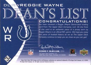 2003 Upper Deck Honor Roll - Dean's List #DL-RW Reggie Wayne Back