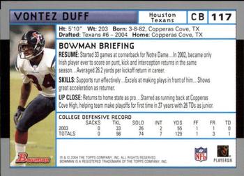 2004 Bowman - First Edition #117 Vontez Duff Back