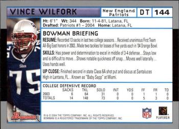 2004 Bowman - First Edition #144 Vince Wilfork Back