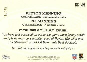 2004 Bowman's Best - Best Coverage Jersey Duals #BC-MM Peyton Manning / Eli Manning Back