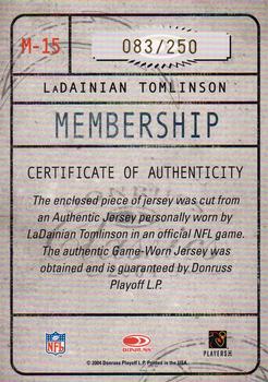 2004 Donruss Classics - Membership VIP Jerseys #M-15 LaDainian Tomlinson Back