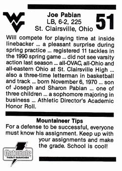 1990 West Virginia Mountaineers Program Cards #NNO Joe Pabian Back