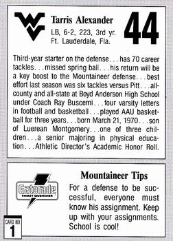1992 West Virginia Mountaineers Program Cards #1 Tarris Alexander Back