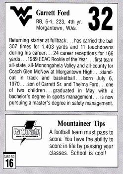 1992 West Virginia Mountaineers Program Cards #16 Garrett Ford Jr. Back