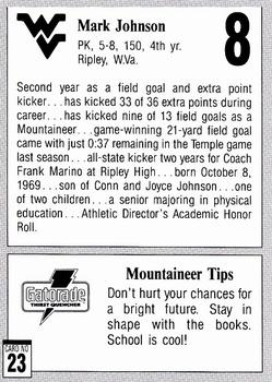 1992 West Virginia Mountaineers Program Cards #23 Mark Johnson Back