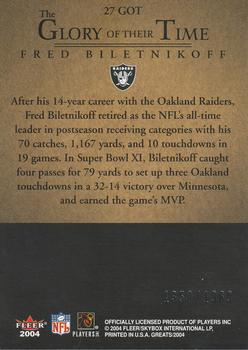 2004 Fleer Greats of the Game - Glory of Their Time #27 GOT Fred Biletnikoff Back